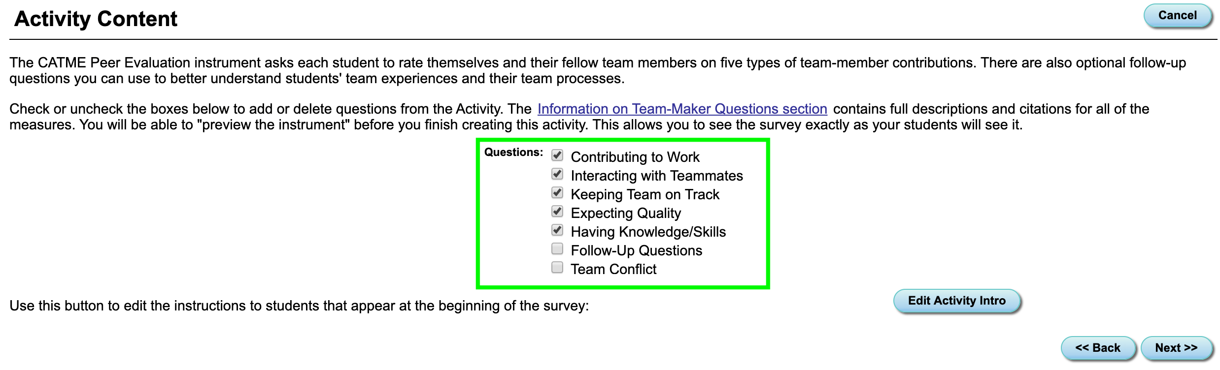 Selecting the Question in the Question Box